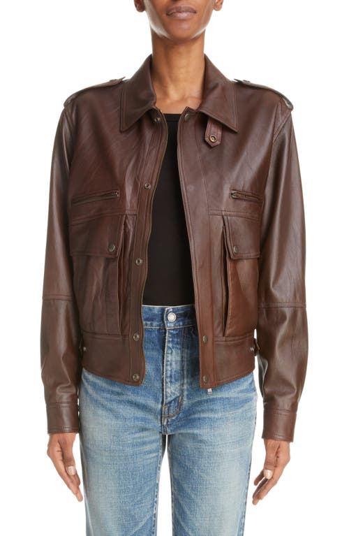 Oversize Leather Bomber Jacket in Brun Fauve