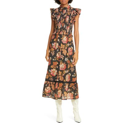 Sea Pascale Floral Smocked Cotton Midi Dress, Black