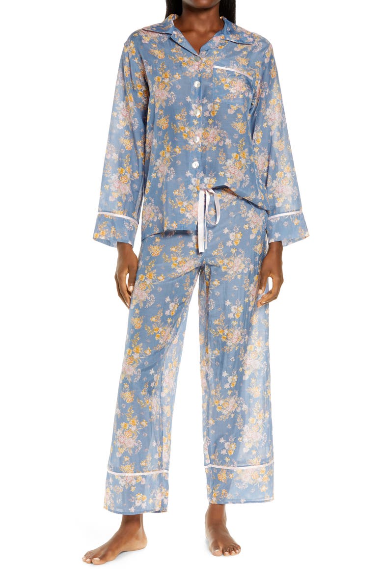 PAPINELLE Lolou Floral Cotton & Silk Pajamas, Main, color, INDIGO
