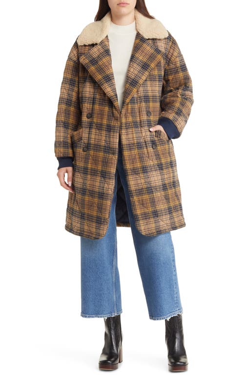 levi's Quilted Plaid Double Breasted Coat with High Pile Fleece Collar in Brown Plaid