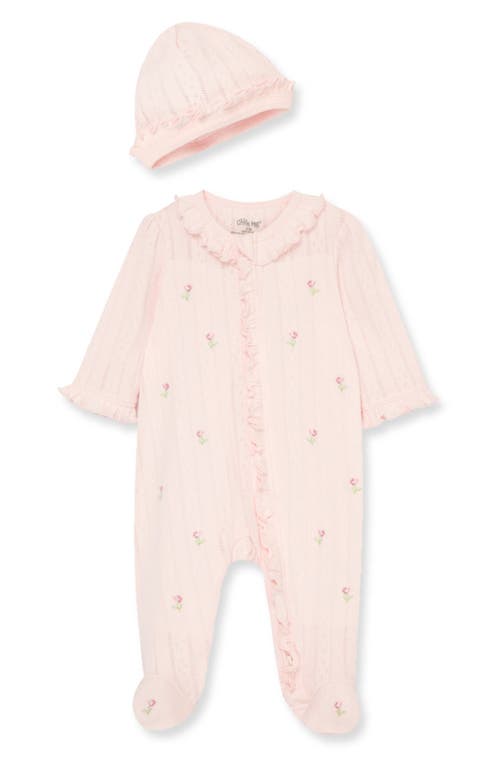 Little Me Rosebud Schiffli Embroidery Cotton Footie & Hat Set in Pink at Nordstrom, Size 9M