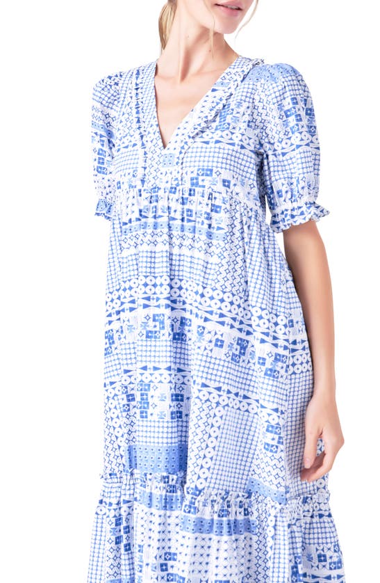 Shop English Factory Patchwork Print Tiered Cotton Midi Dress In Blue