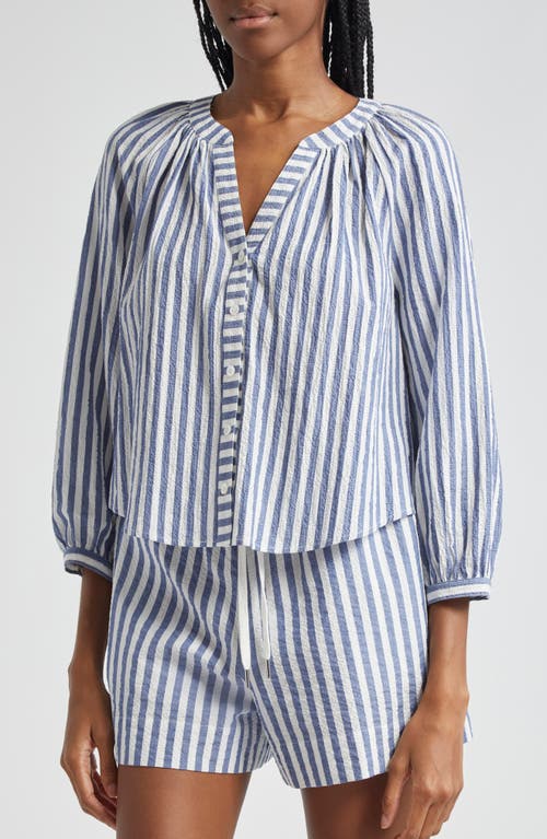 Shop Veronica Beard Judith Stripe Stretch Cotton Button-up Shirt In Blue/white