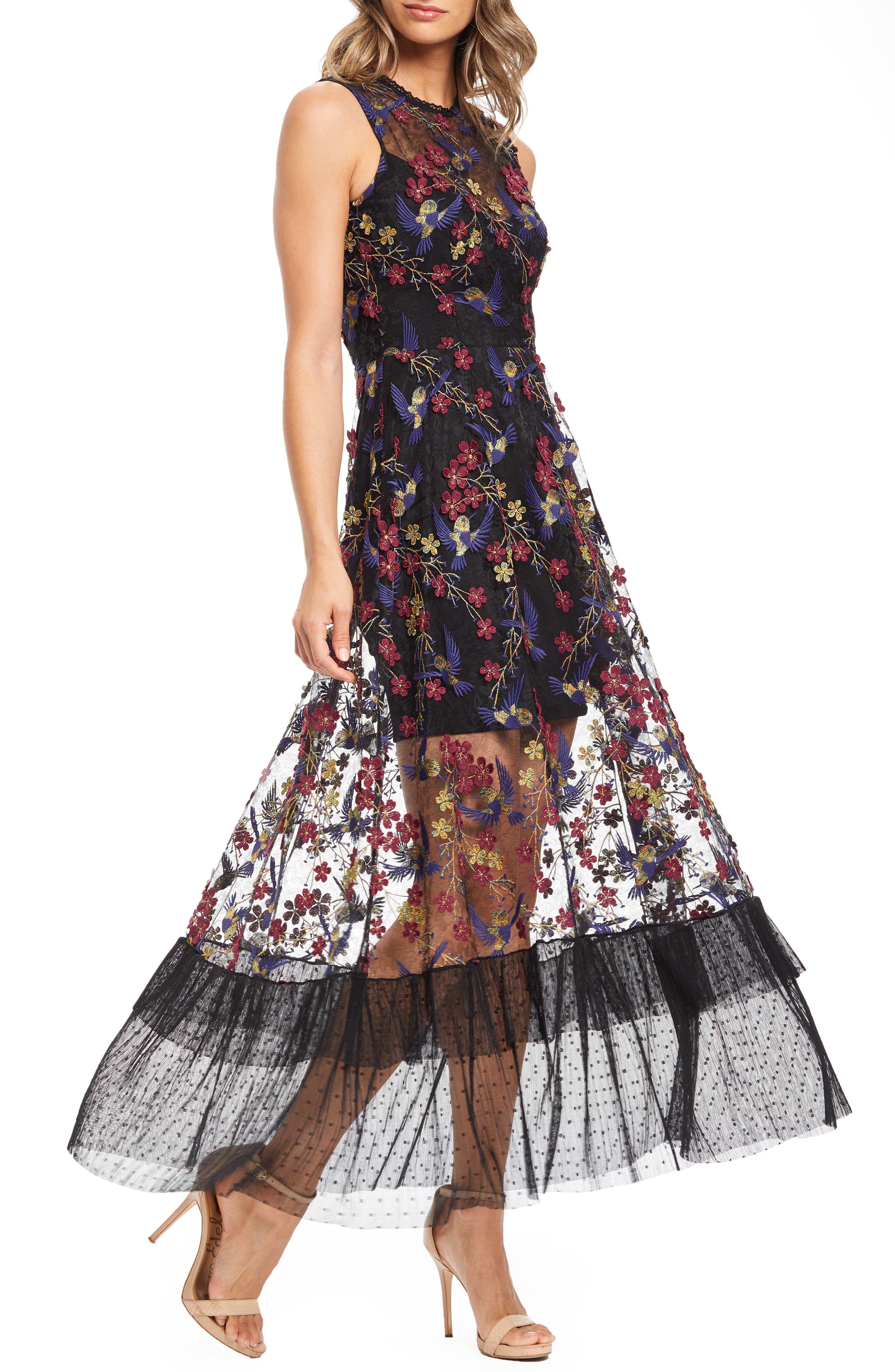 Dress The Population Gina Lace Embroidered Evening Dress, Black
