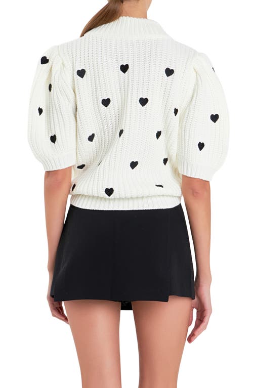 Shop English Factory Heart Embroidered Puff Sleeve Sweater In White/black