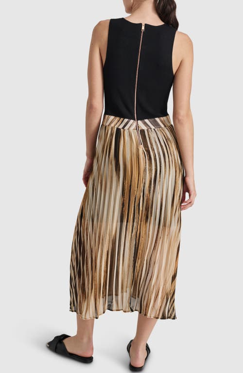 Shop Dkny Mixed Media Sleeveless Midi Dress In Black/vertical Stripe Panel