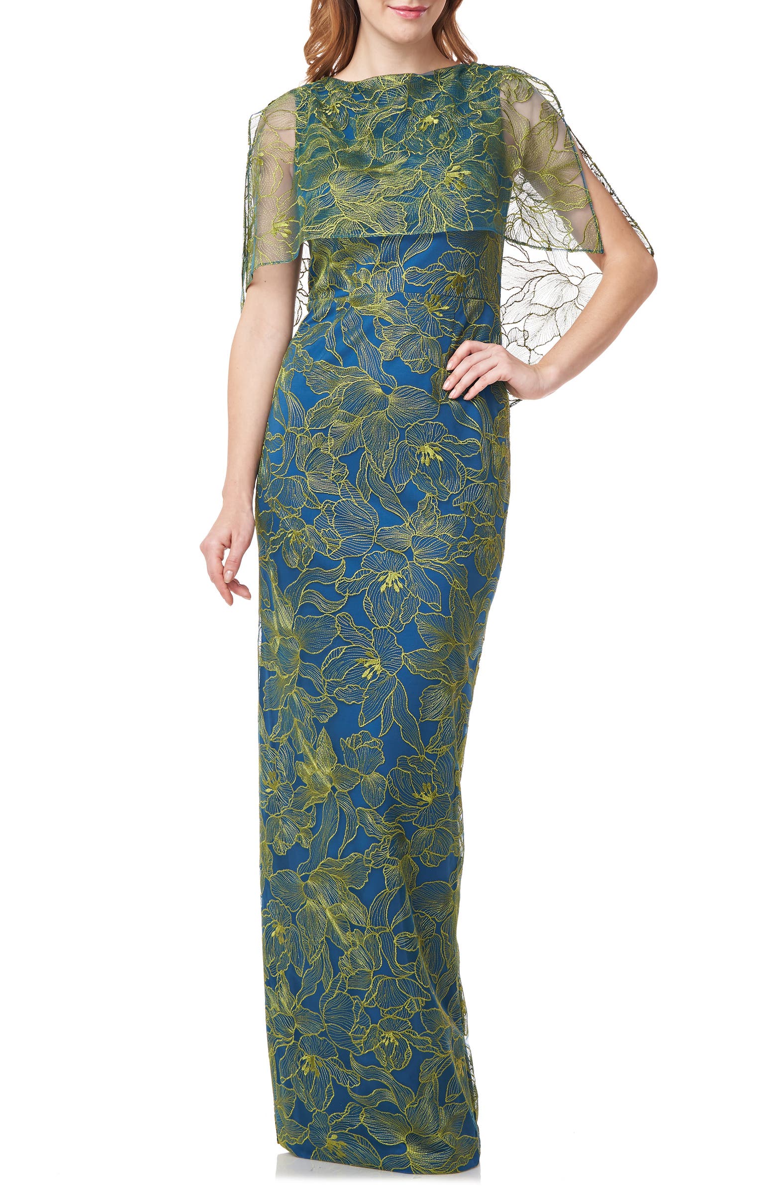 JS Collections Regina Leaf Embroidery Capelet Column Gown | Nordstrom
