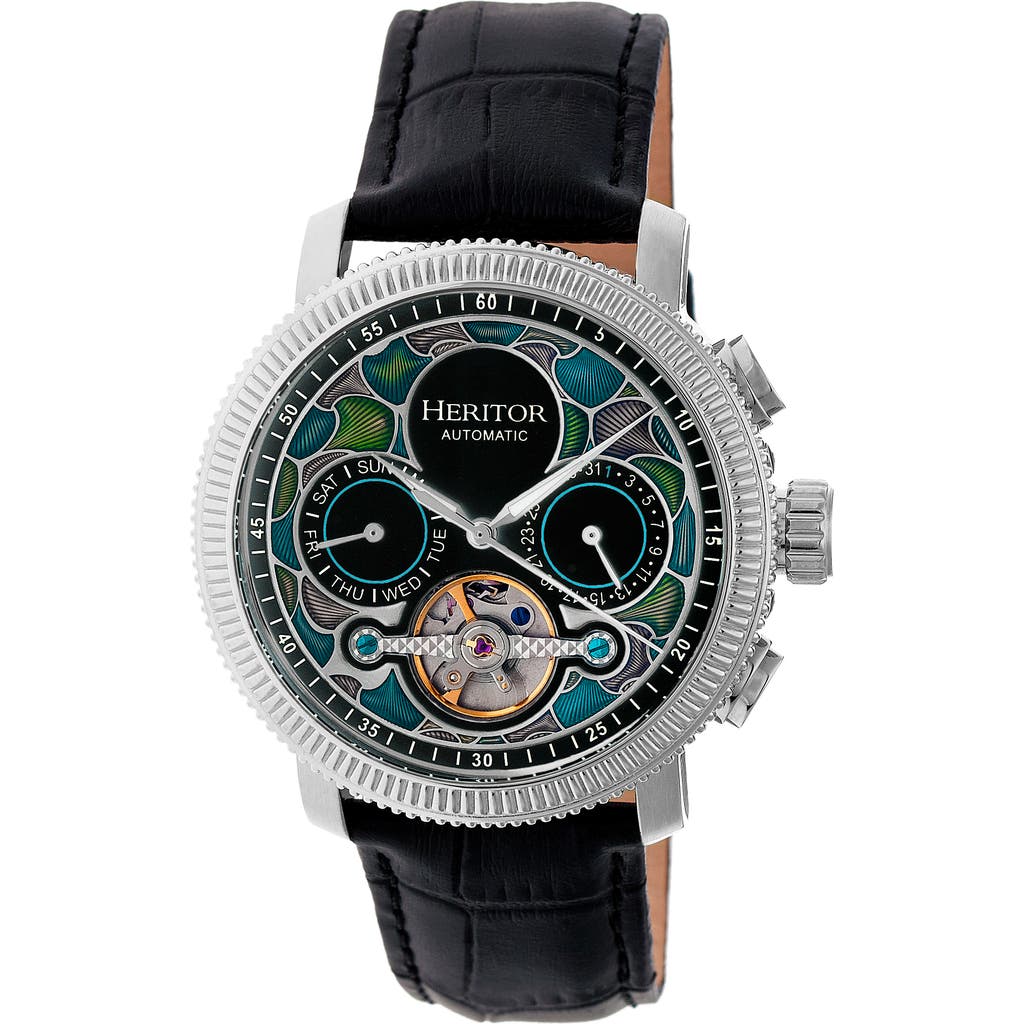 Heritor Automatic Semi-skeleton Leather-band Watch In Silver/black