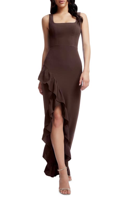 Dress The Population Charlene Ruffle Gown In Mocha