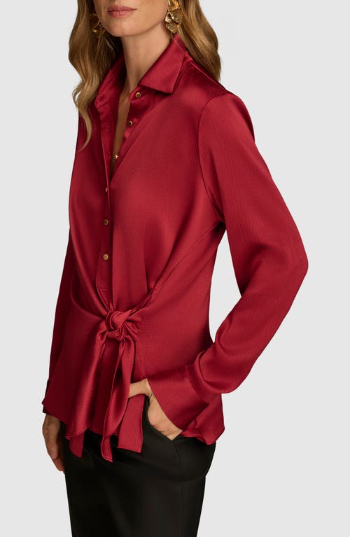 Shop Donna Karan Tie Waist Textured Satin Shirt In Red