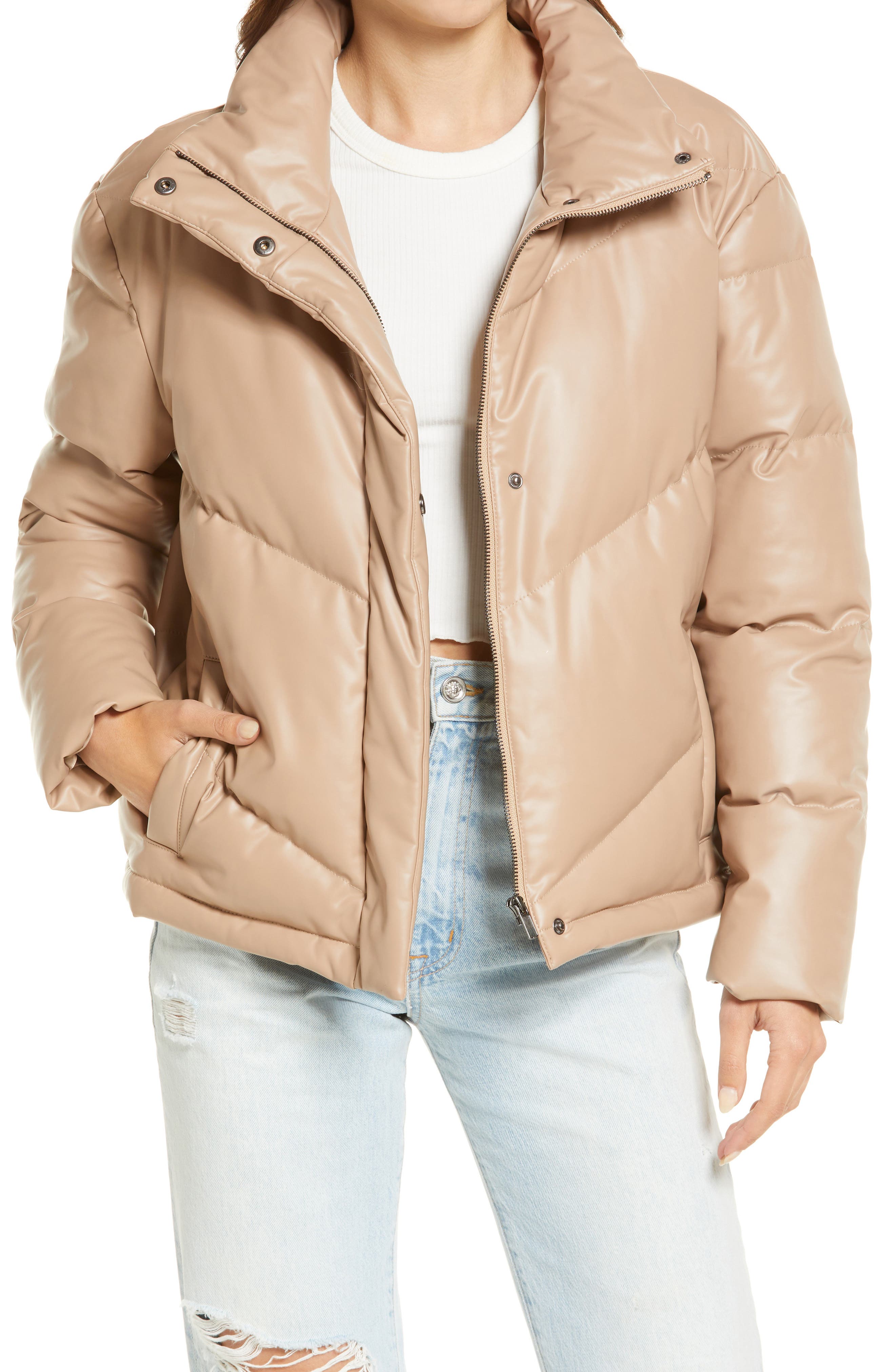 nude leather puffer jacket