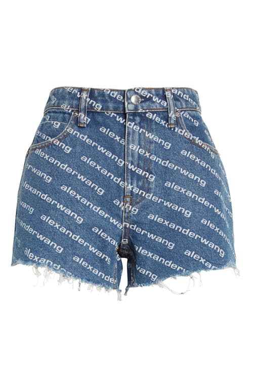 Alexander Wang Denim Shorts With All Over Logo In Deep Blue/white