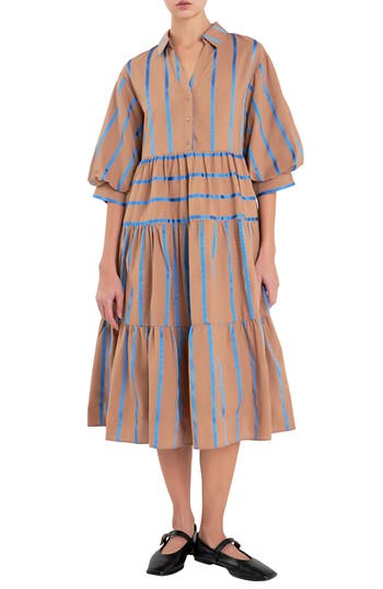 ENGLISH FACTORY ENGLISH FACTORY LOOSE FIT STRIPE TIERED MIDI DRESS