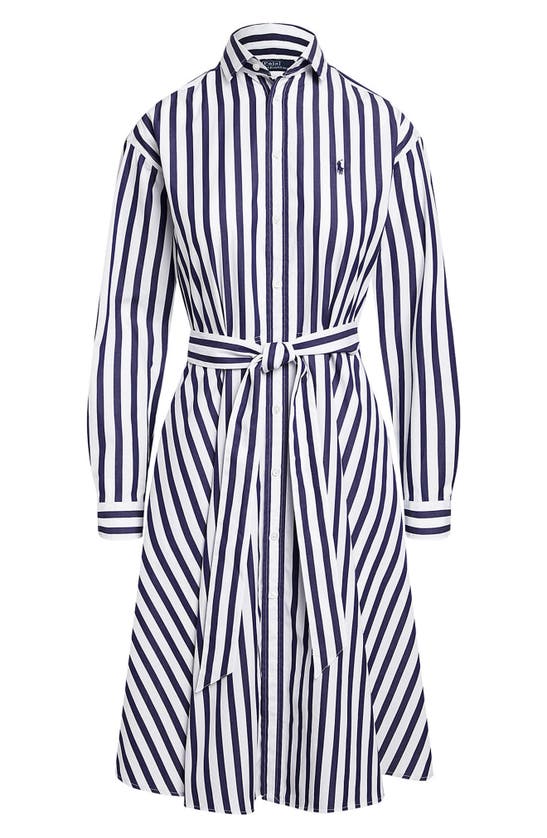 Shop Polo Ralph Lauren Stripe Long Sleeve Cotton Shirtdress In Navy/ White