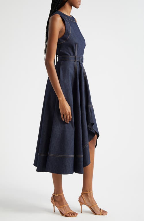 Cinq À Sept Zelda Belted Asymmetric Sleeveless Denim Midi Dress In Indigo