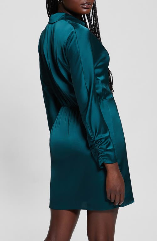 Shop Guess Tanya Long Sleeve Satin Dress In Dark Jade