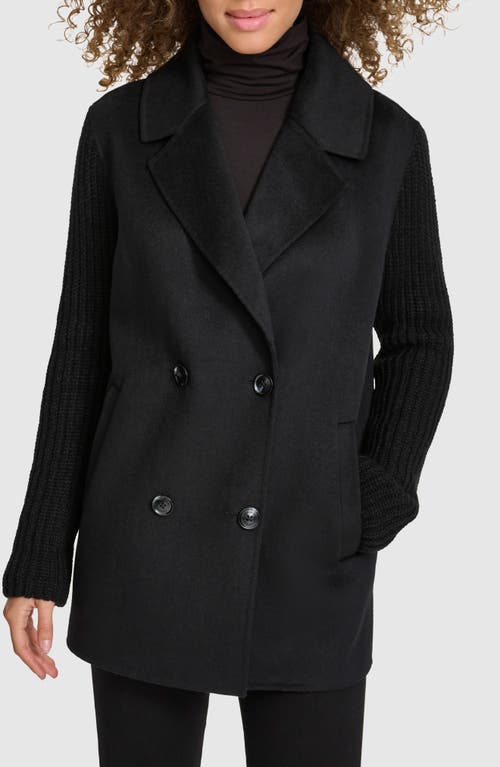 Shop Kenneth Cole Double Breasted Knit Sleeve Double Face Wool Blend Coat In Black