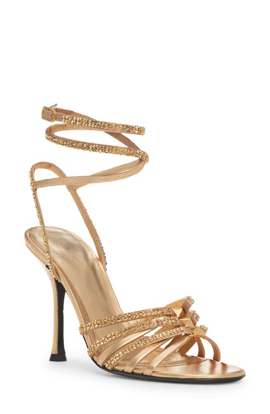 Valentino Garavani Woman Sandals Gold Size 12 Leather In Antique Brass/ Crystal Aurum