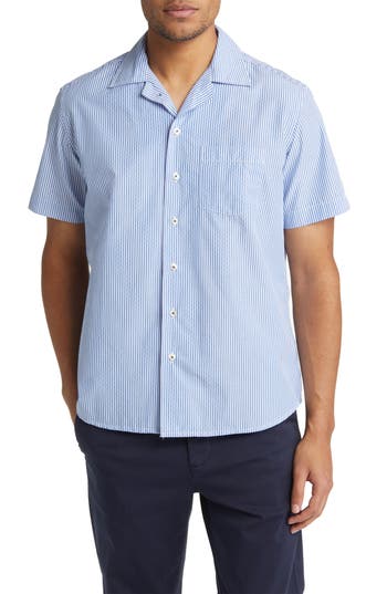 Soft Cloth Stripe Short Sleeve Button-up Camp Shirt In Blue