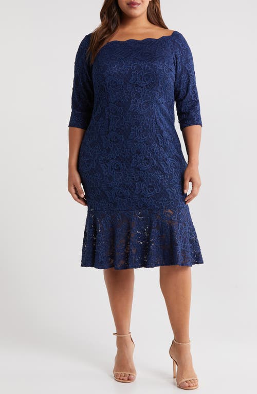Alex Evenings Metallic Lace Off the Shoulder Sheath Dress Navy at Nordstrom,