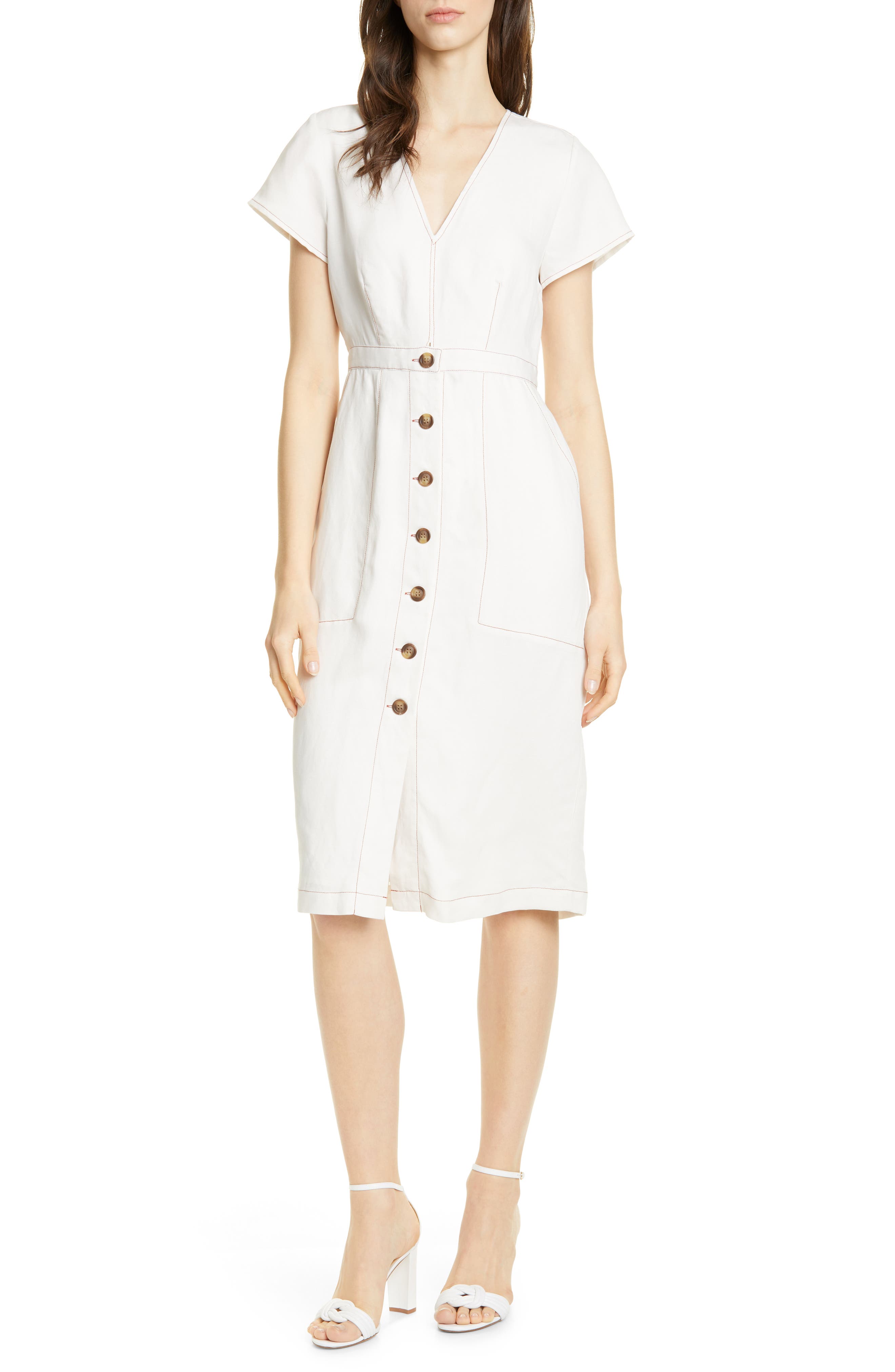 Dolan Rigby Topstitch Detail Button Front Midi Dress, White