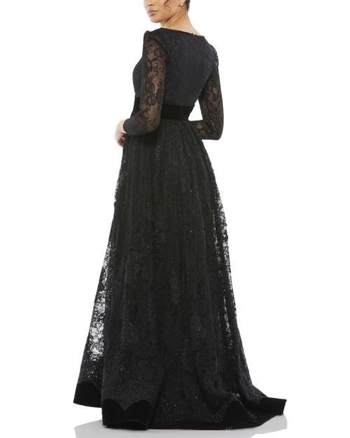 Mac Duggal Lace Long Sleeve Wrap Over Velvet Waistband A Line In Black