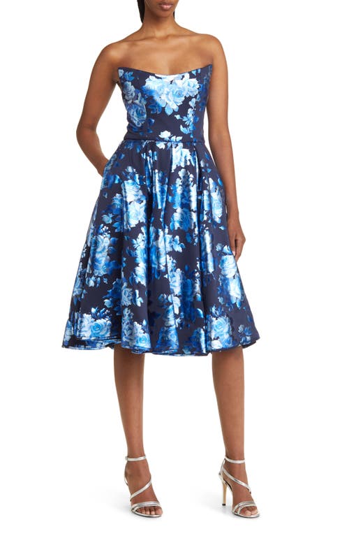 Black Halo Clara Floral Strapless Fir & Flair Dress in Crystal Bloom at Nordstrom, Size 14