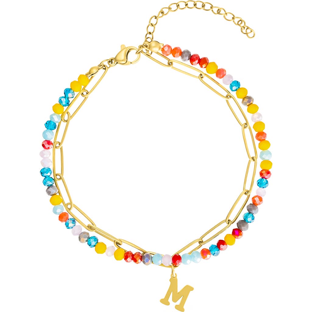 Adornia Gold Adjustable Layered Color Faux Stone And Paperclip Chain Initial Bracelet In Multi-m