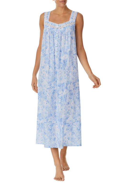 Eileen West Lace Trim Cotton Nightgown in White /Blue Flor