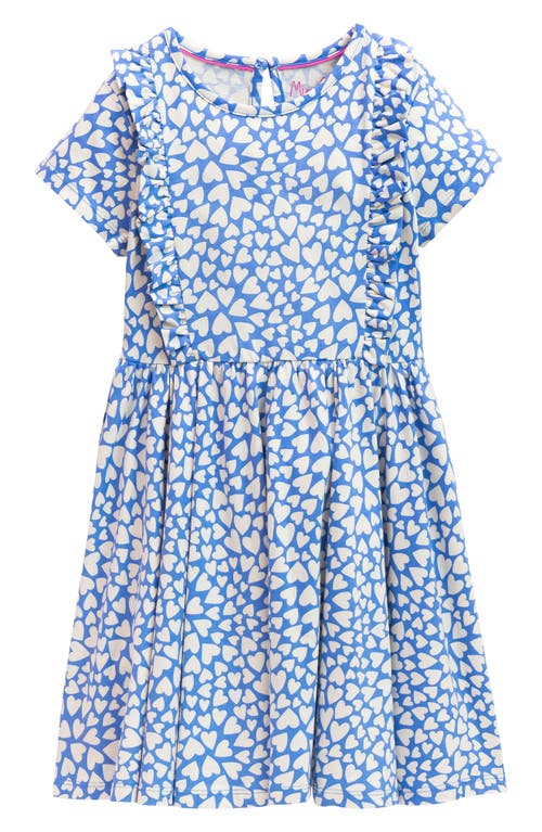Mini Boden Kids' Frilly Cotton Knit Dress in Blue Hearts