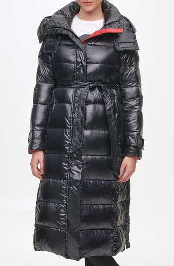 Karl Lagerfeld Paris Women's Belted Hooded Down Puffer Coat, Black, S