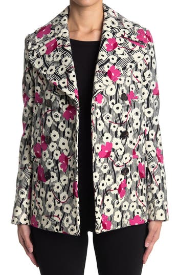 Shop Valentino Caban Printed Wool Blend Blazer Jacket In Black/pink