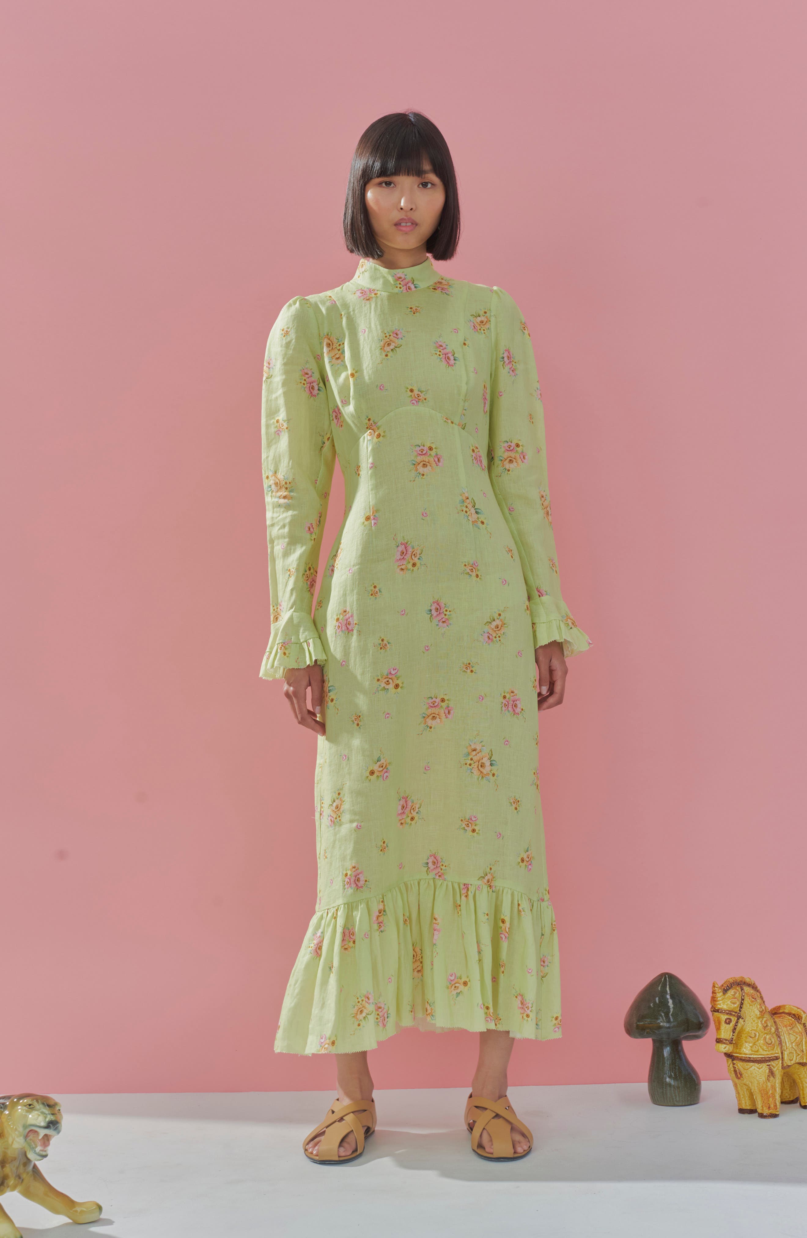Alemais Clementine Floral Long Sleeve Linen Maxi Dress in Lime