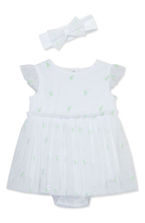 Little Me Floral Embroidered Tulle Skirted Bodysuit & Headband Set White at Nordstrom,