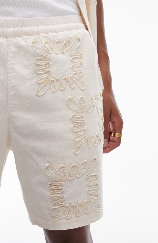 Shop Topman Embroidered Cotton & Linen Shorts In Ivory
