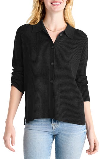 Splendid Georgie Elbow Sleeve Rib Button-up Sweater In Black