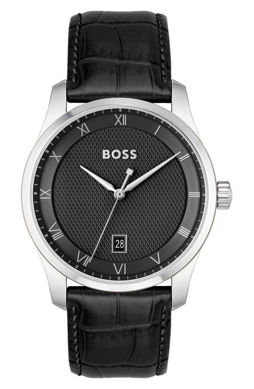 BOSS Principle Leather Strap Watch, 44mm in Black at Nordstrom