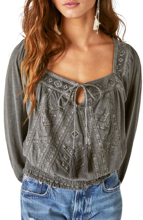 Lucky Brand Beaded Long Sleeve Peasant Blouse in Washed Black