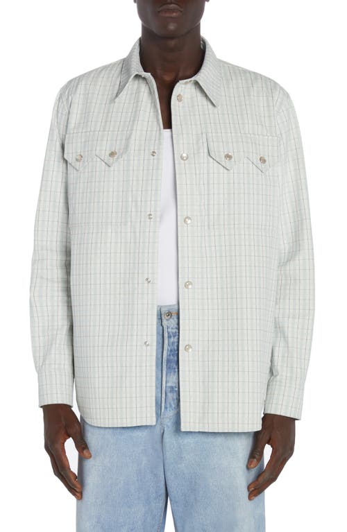 Shop Bottega Veneta Check Print Leather Snap-up Western Shirt In White/grey/mint