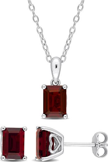 DELMAR Emerald Cut Garnet Pendant Necklace & Stud Earrings Set ...