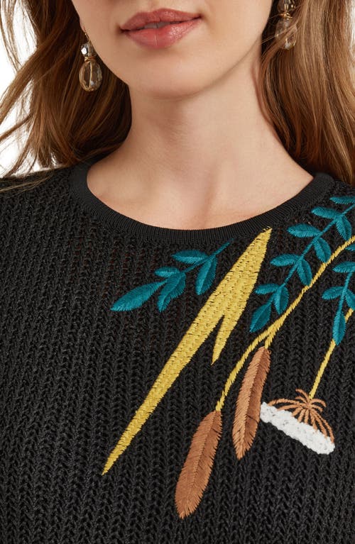 Misook Sleeveless Embroidered Knit Mini Dress In Black/ochre/multi