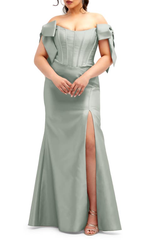 Off the Shoulder Bow Corset Satin Trumpet Gown in Willow