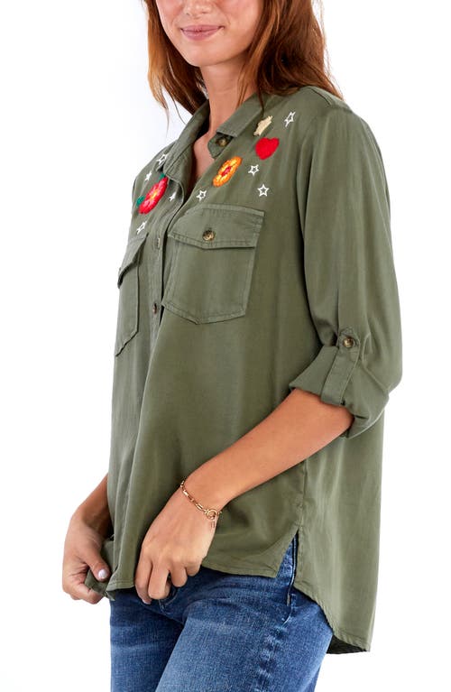 Billy T Birds Of A Feather Embroidered Denim Button-up Shirt In Soft Olive