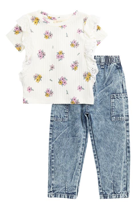 Kids' Floral Print Ruffle Trim Rib Top & Acid Wash Jeans Set (Little Kid)