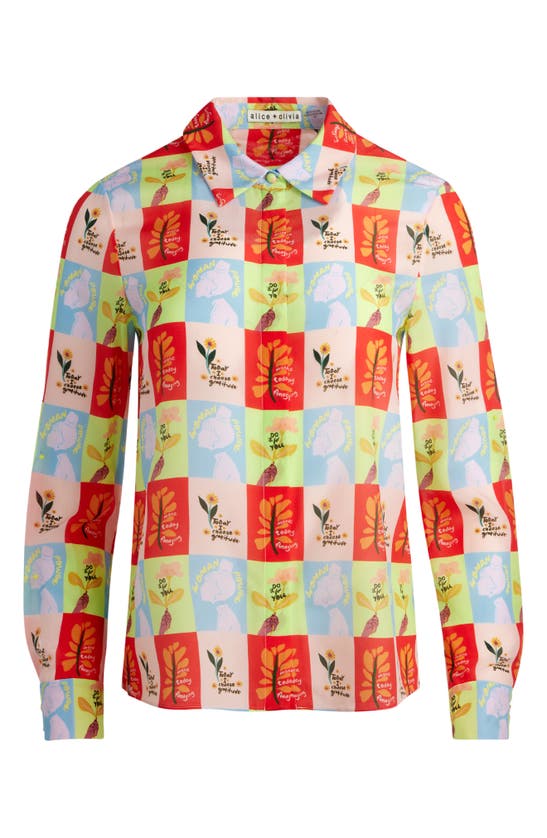Shop Alice And Olivia Willa Long Sleeve Silk Button-up Shirt In Woman Power