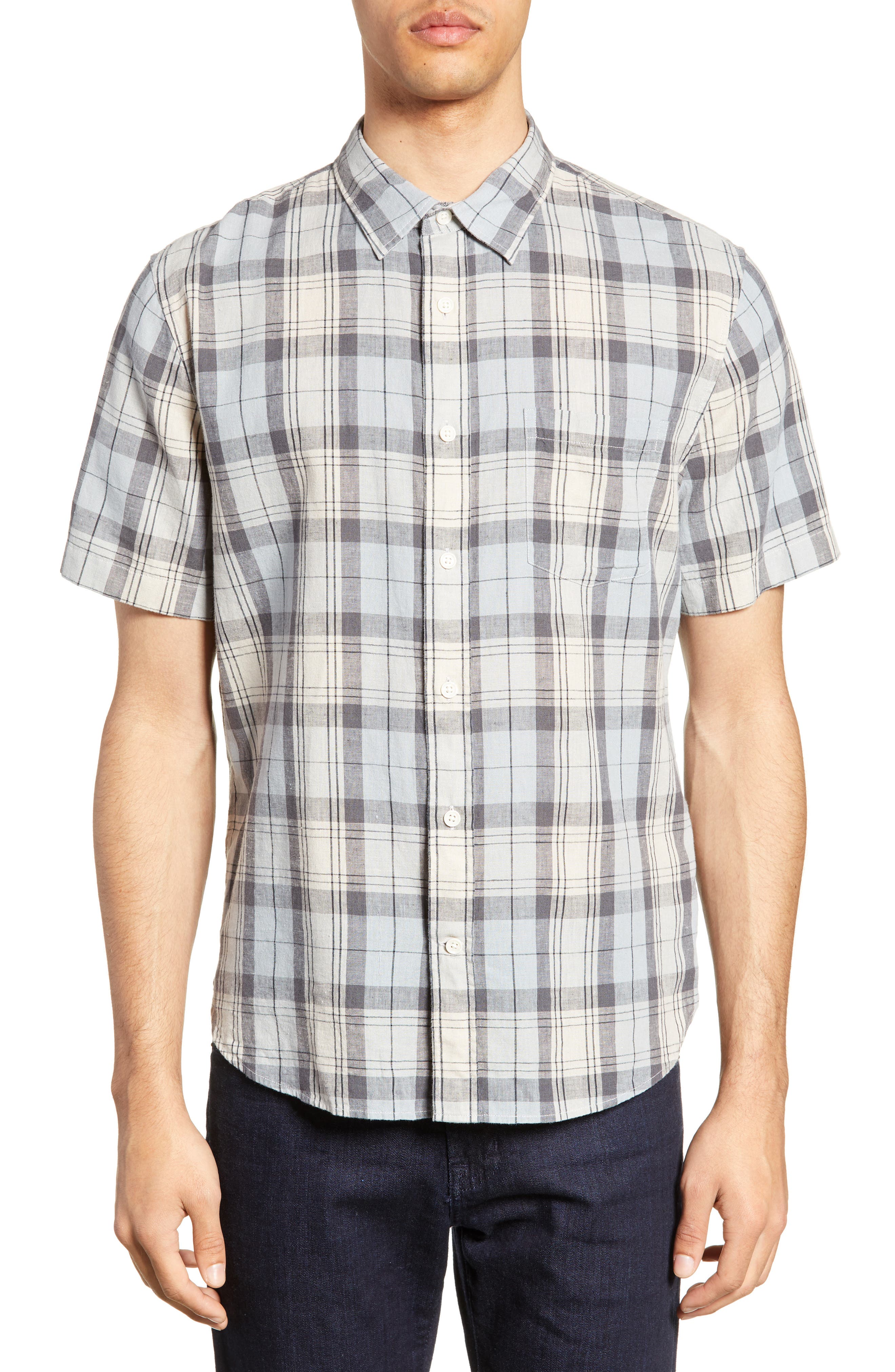 Vince Slim Fit Plaid Short Sleeve Linen & Cotton Sport Shirt, Blue