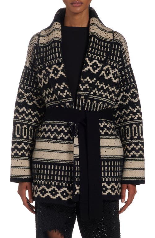 Shop Golden Goose Studded Nordic Jacquard Wool Wrap Cardigan In Black/ecru