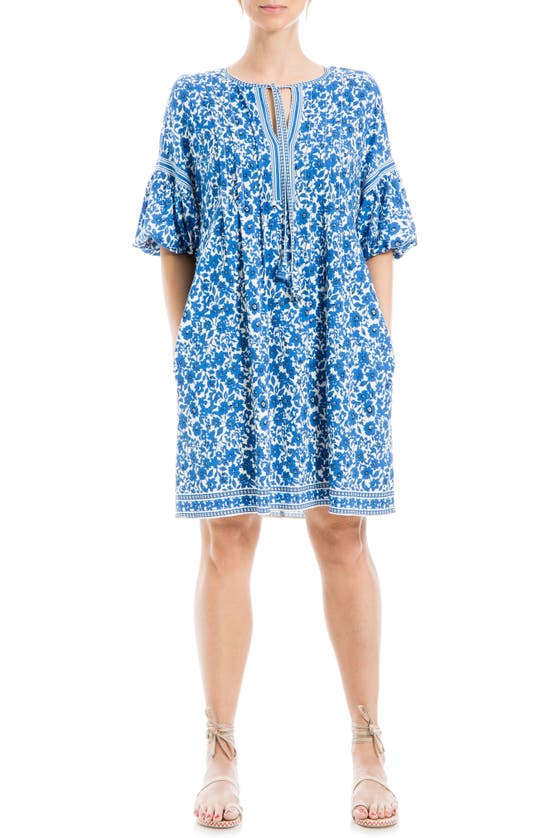 Max Studio Floral Puff Sleeve Shift Dress In Blue/ Cream/ Blk Md Grphc Flrl