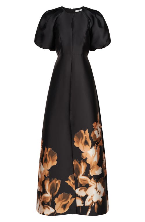 Shop Kay Unger Delfina Puff Sleeve Mikado Gown In Black/fall Gold