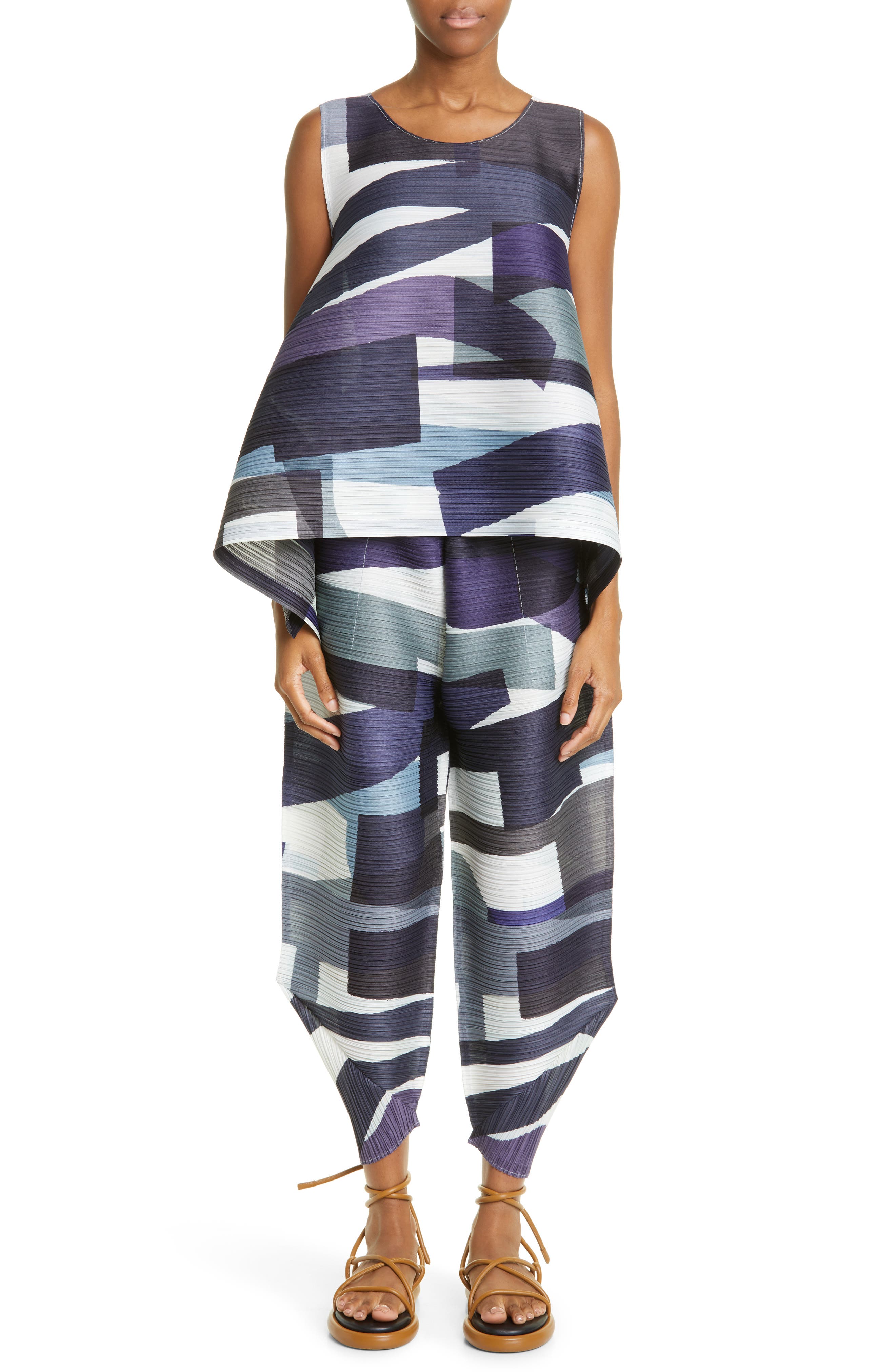 Pleats Please Issey Miyake Path Pleated Tapered Leg Pants in 